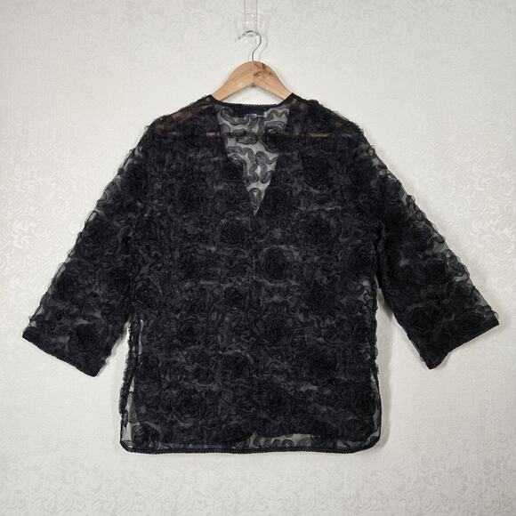 Caroline Rose Sheer Cardigan Jacket sz M Black Beaded Trim - Picture 7 of 13